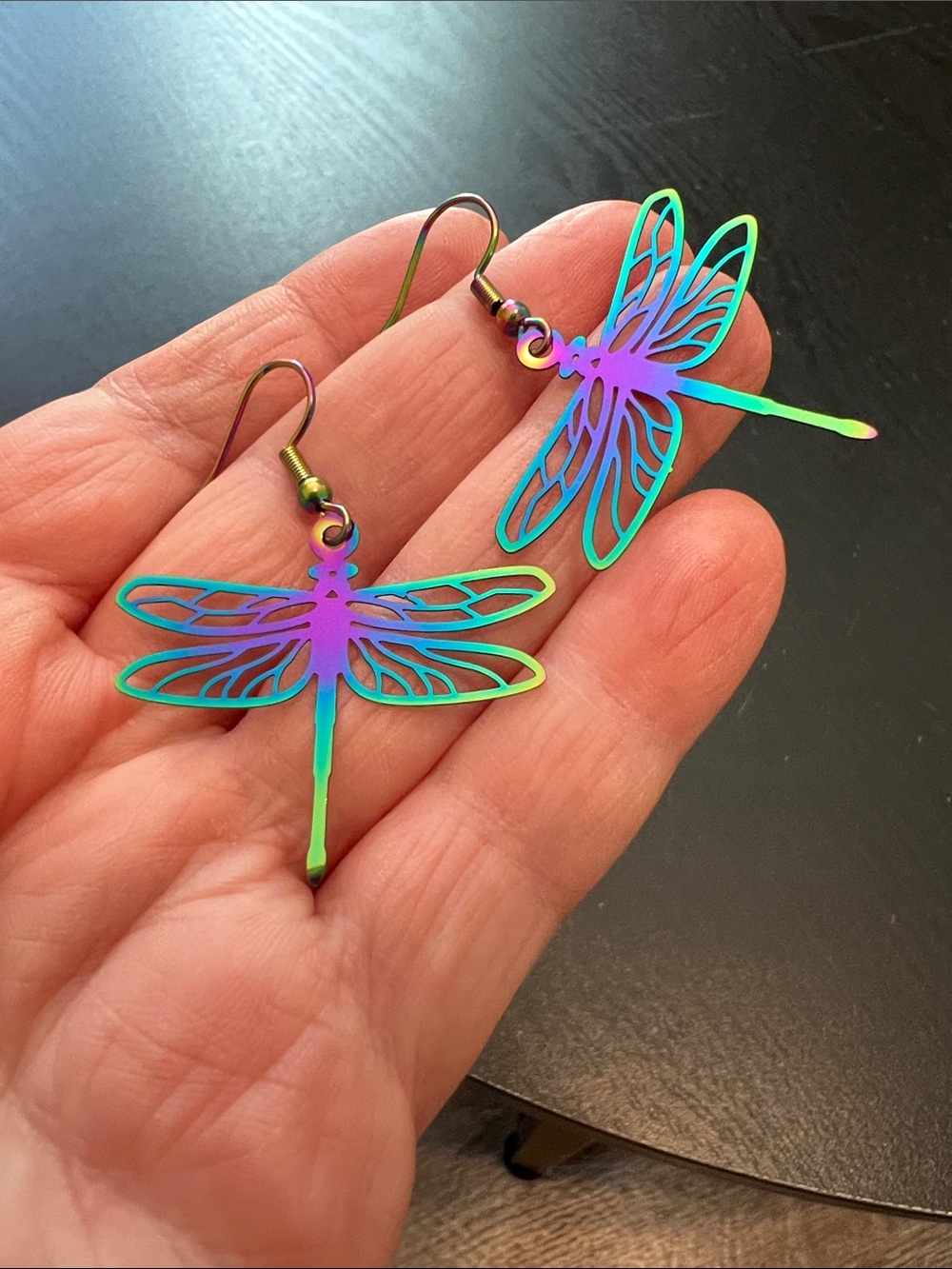 Colorful Iridescent Niobium Style Lightweight Metal Dragonfly Dangle Earrings